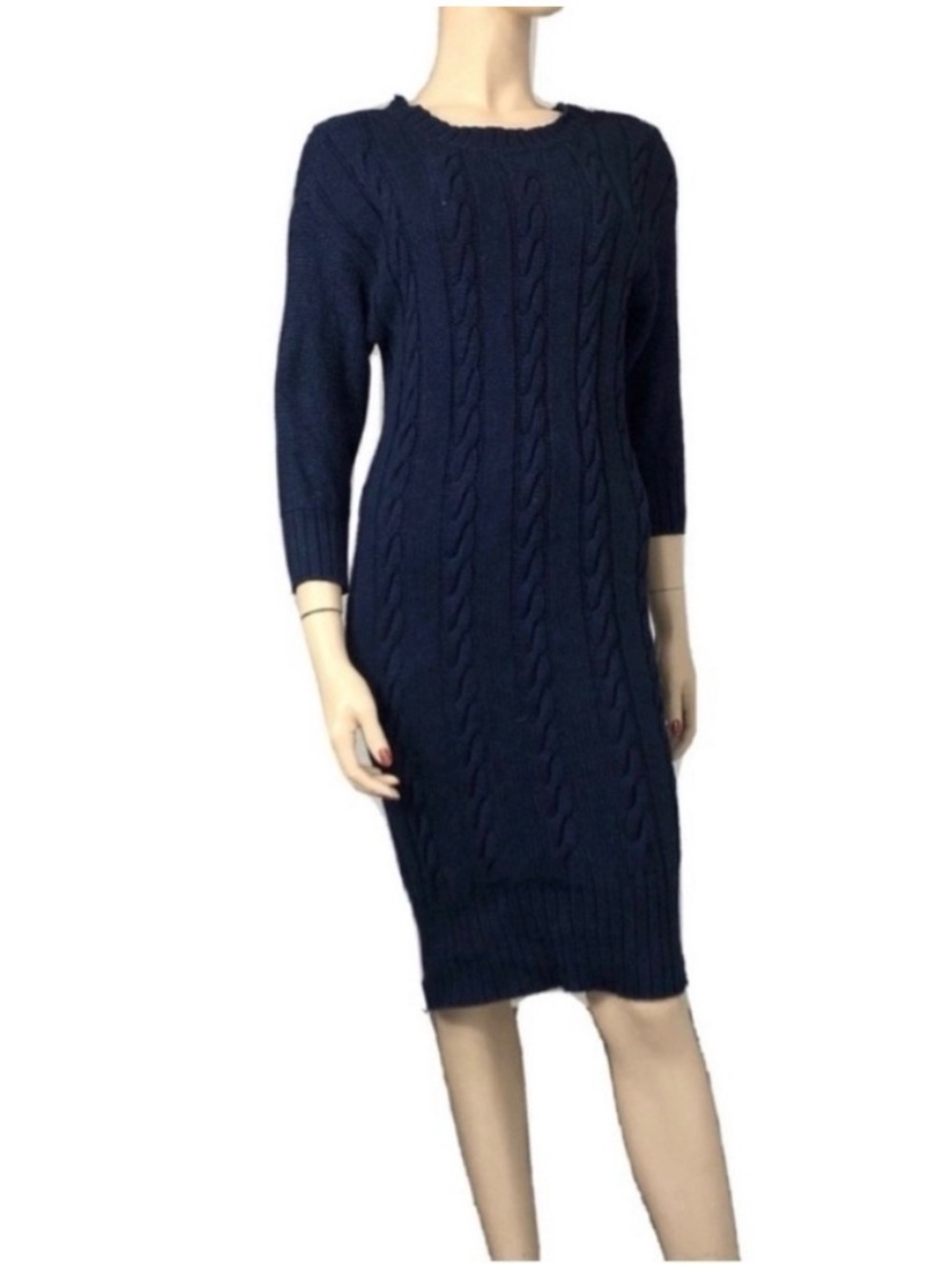 Three dots Navy Cable-Detail Long Sleeve Knit Dress